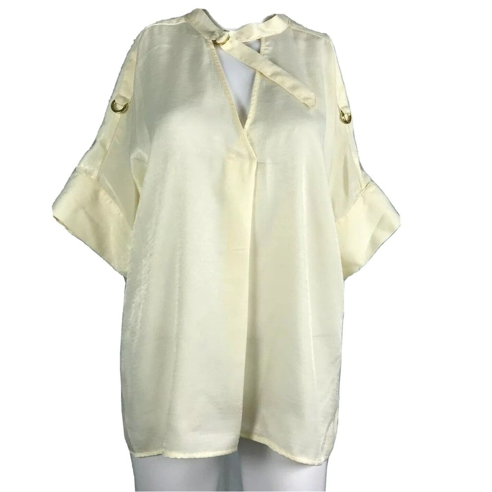 Michael Michael Kors Shirt Womens XL Ivory Surplice Tie Neck Short Sleeve Blouse